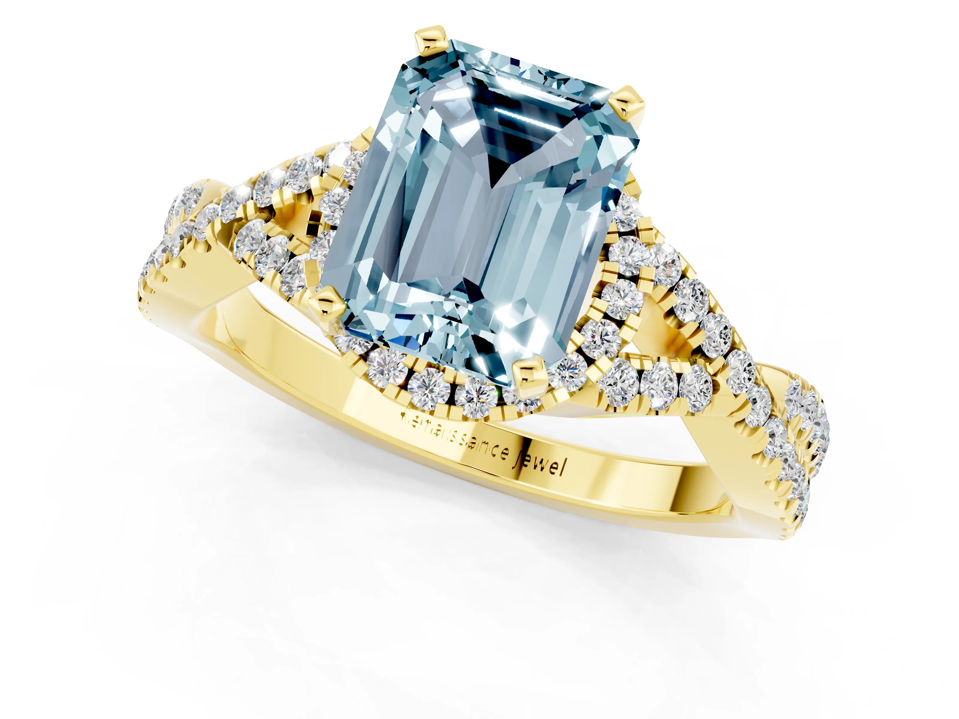 Yellow gold Emerald Cut Aquamarine Halo Twist Band Solitaire Prong Setting Ring_1