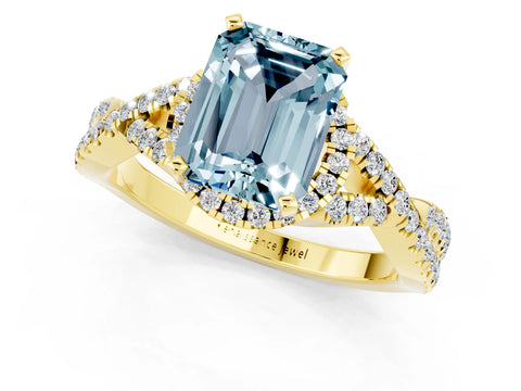 Yellow gold Emerald Cut Aquamarine Halo Twist Band Solitaire Prong Setting Ring_1