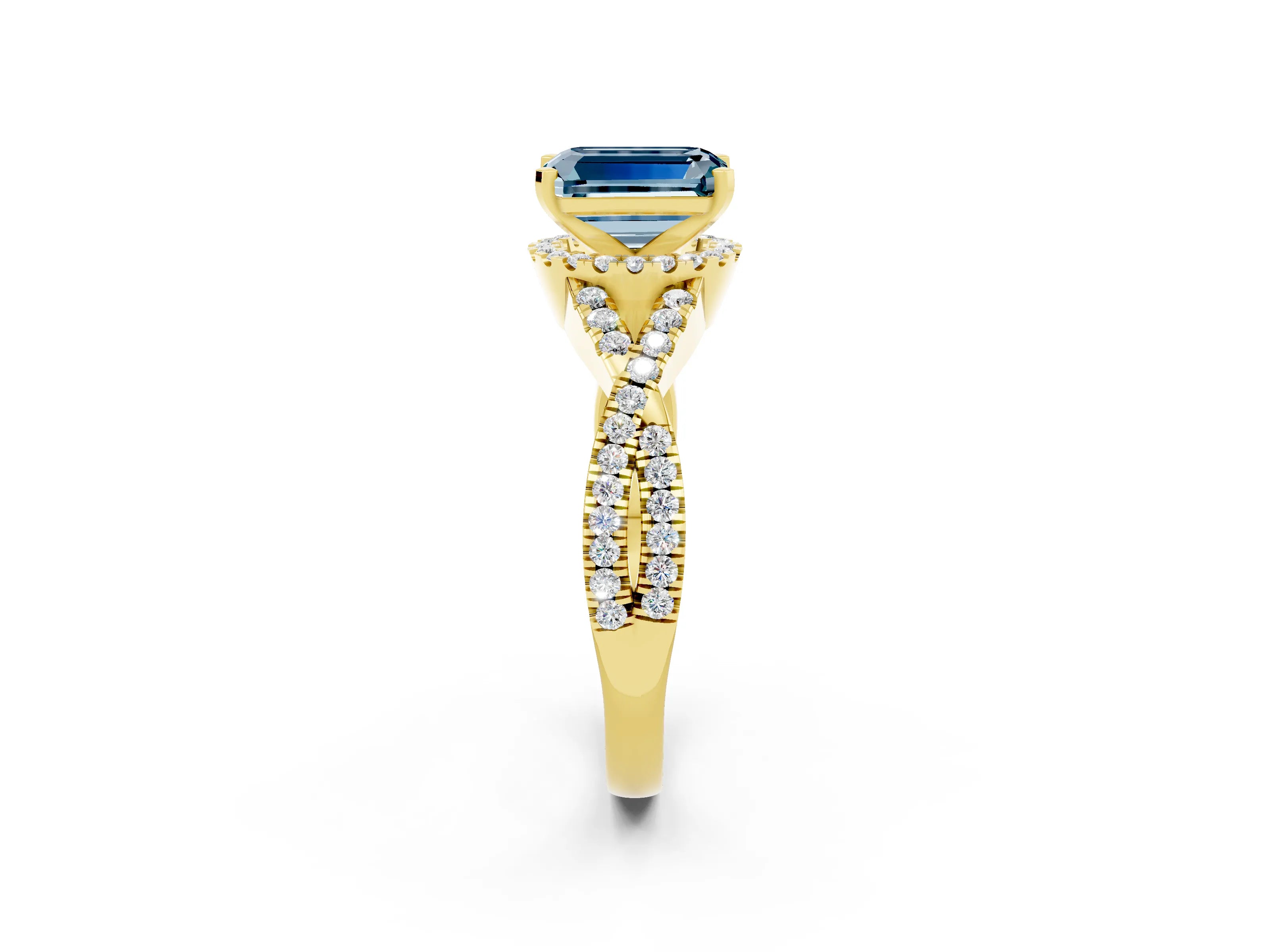 Yellow gold Emerald Cut Aquamarine Halo Twist Band Solitaire Prong Setting Ring_2