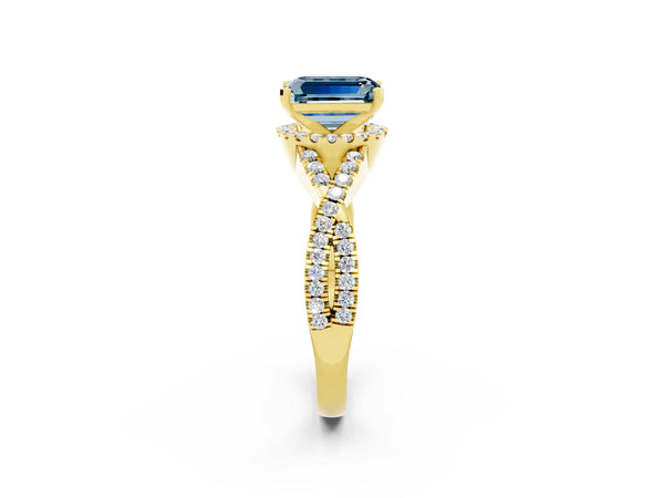 Yellow gold Emerald Cut Aquamarine  Halo Twist Band Solitaire Prong Setting Ring