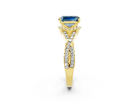 Yellow gold Emerald Cut Aquamarine Halo Twist Band Solitaire Prong Setting Ring_2