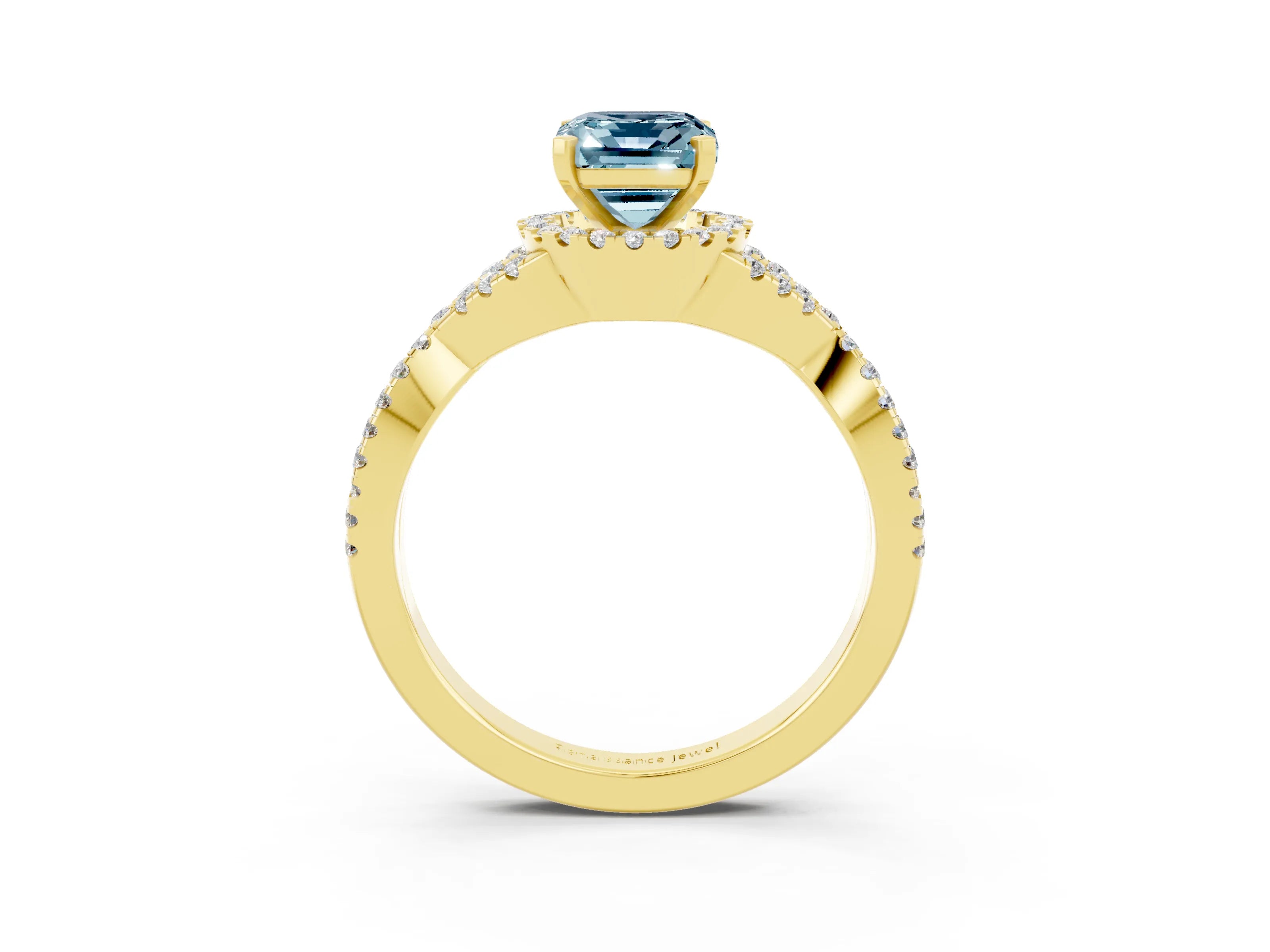 Yellow gold Emerald Cut Aquamarine Halo Twist Band Solitaire Prong Setting Ring_3