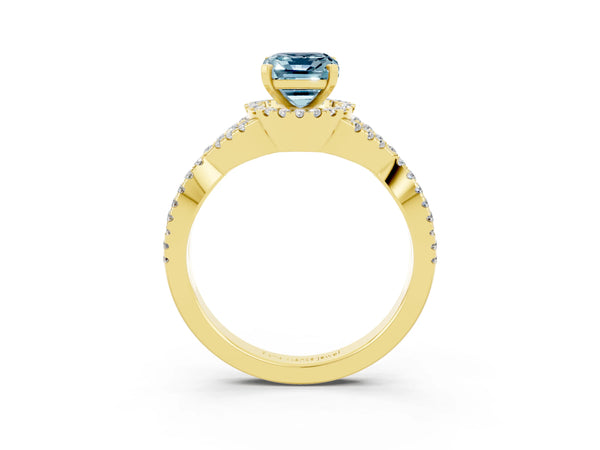 Yellow gold Emerald Cut Aquamarine  Halo Twist Band Solitaire Prong Setting Ring