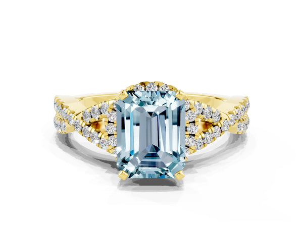 Yellow gold Emerald Cut Aquamarine  Halo Twist Band Solitaire Prong Setting Ring