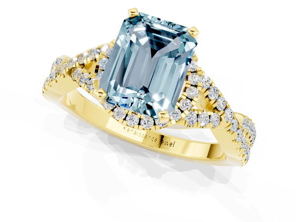 Yellow gold Emerald Cut Aquamarine  Halo Twist Band Solitaire Prong Setting Ring