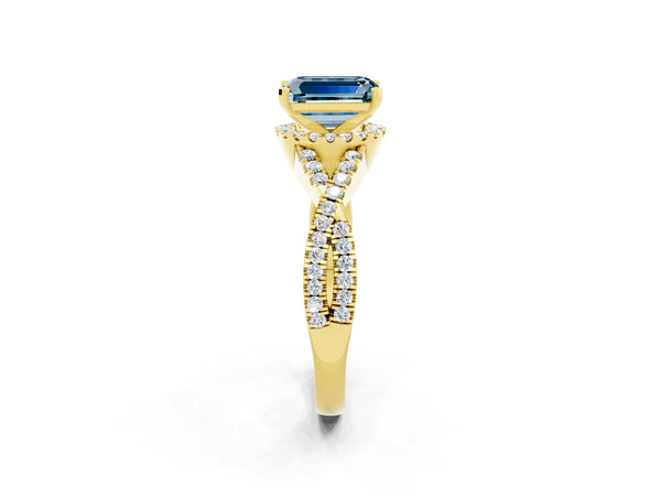 Yellow gold Emerald Cut Aquamarine  Halo Twist Band Solitaire Prong Setting Ring