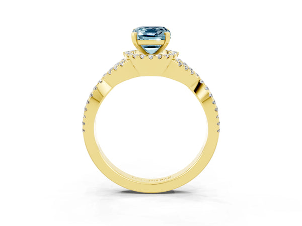 Yellow gold Emerald Cut Aquamarine  Halo Twist Band Solitaire Prong Setting Ring