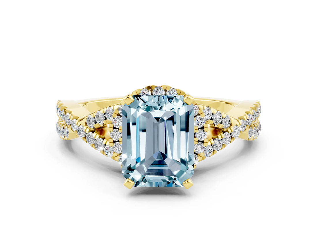 Yellow gold Emerald Cut Aquamarine  Halo Twist Band Solitaire Prong Setting Ring_42