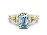 Yellow gold Emerald Cut Aquamarine  Halo Twist Band Solitaire Prong Setting Ring_42