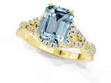 Yellow gold Emerald Cut Aquamarine  Halo Twist Band Solitaire Prong Setting Ring_43