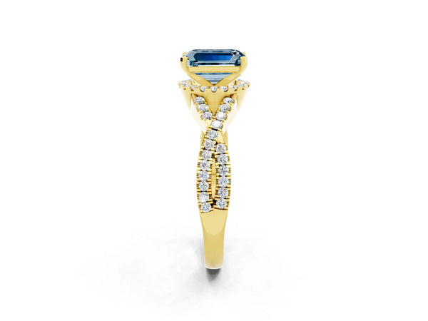 Yellow gold Emerald Cut Aquamarine  Halo Twist Band Solitaire Prong Setting Ring