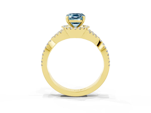 Yellow gold Emerald Cut Aquamarine  Halo Twist Band Solitaire Prong Setting Ring