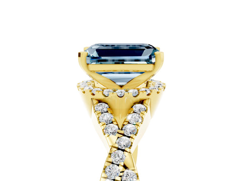 Yellow gold Emerald Cut Aquamarine Halo Twist Band Solitaire Prong Setting Ring_5