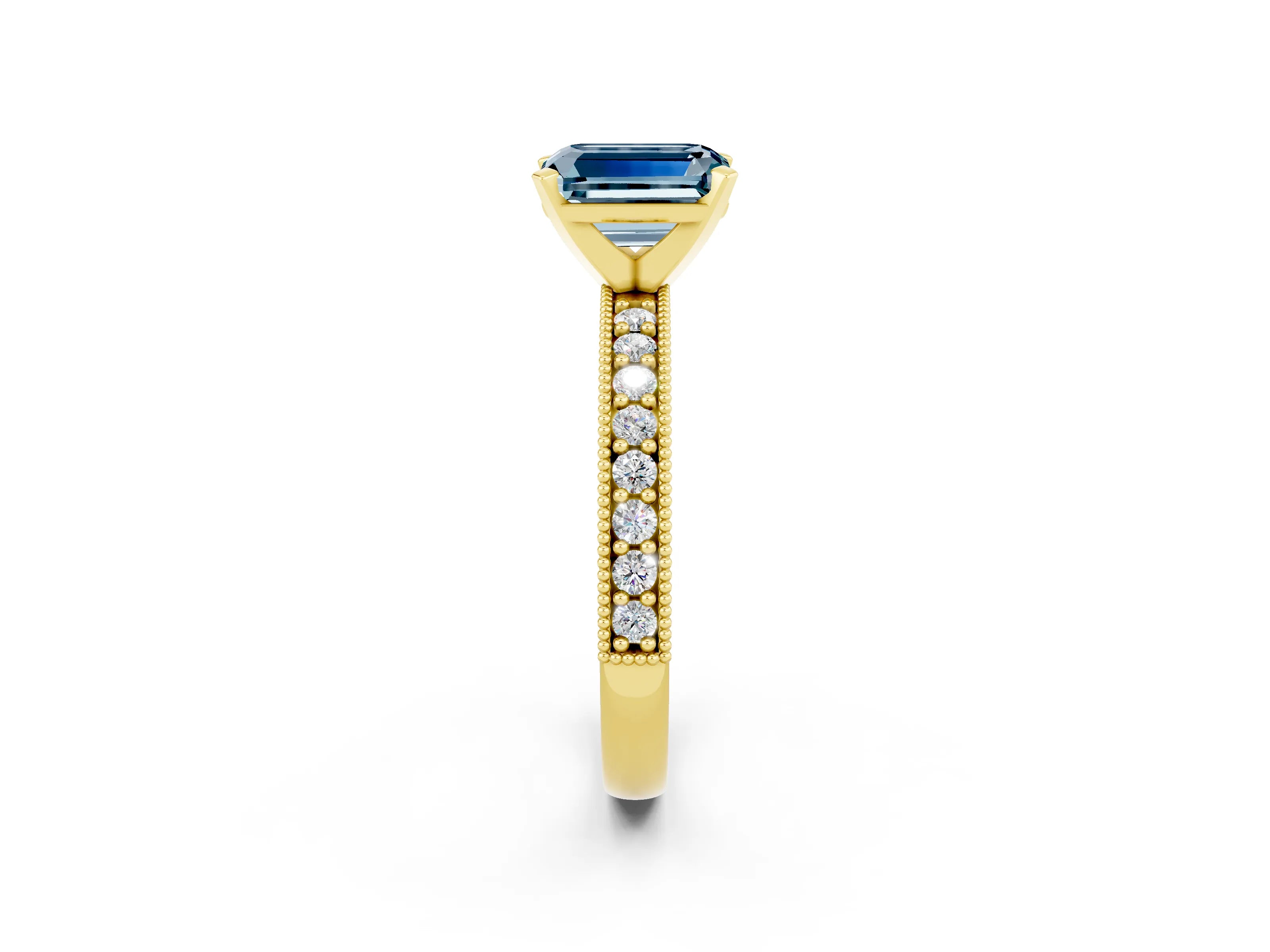 Yellow gold Emerald Cut Aquamarine Milgrain Pavé Engagement Ring with Four-Prong Setting_14