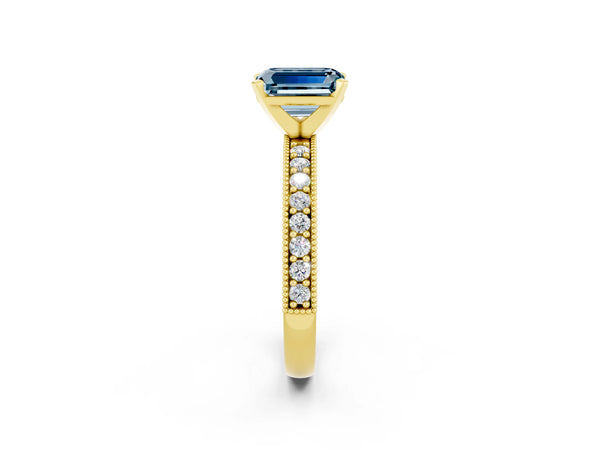 Yellow gold Emerald Cut Aquamarine Milgrain Pavé Engagement Ring with Four-Prong Setting