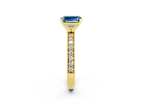 Yellow gold Emerald Cut Aquamarine Milgrain Pavé Engagement Ring with Four-Prong Setting_14