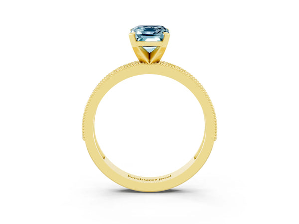 Yellow gold Emerald Cut Aquamarine Milgrain Pavé Engagement Ring with Four-Prong Setting