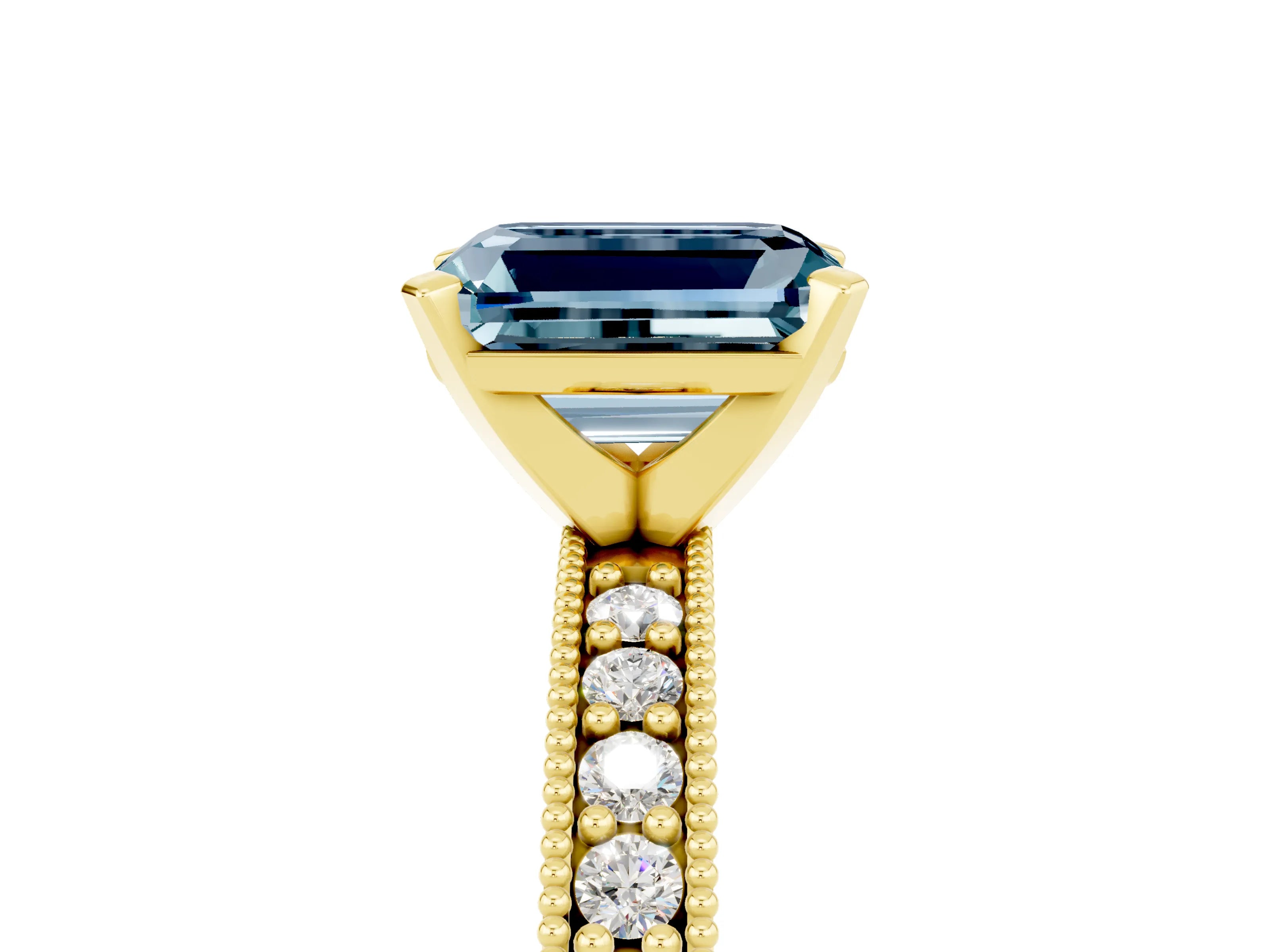 Yellow gold Emerald Cut Aquamarine Milgrain Pavé Engagement Ring with Four-Prong Setting_17
