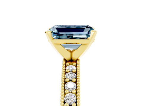 Yellow gold Emerald Cut Aquamarine Milgrain Pavé Engagement Ring with Four-Prong Setting_17