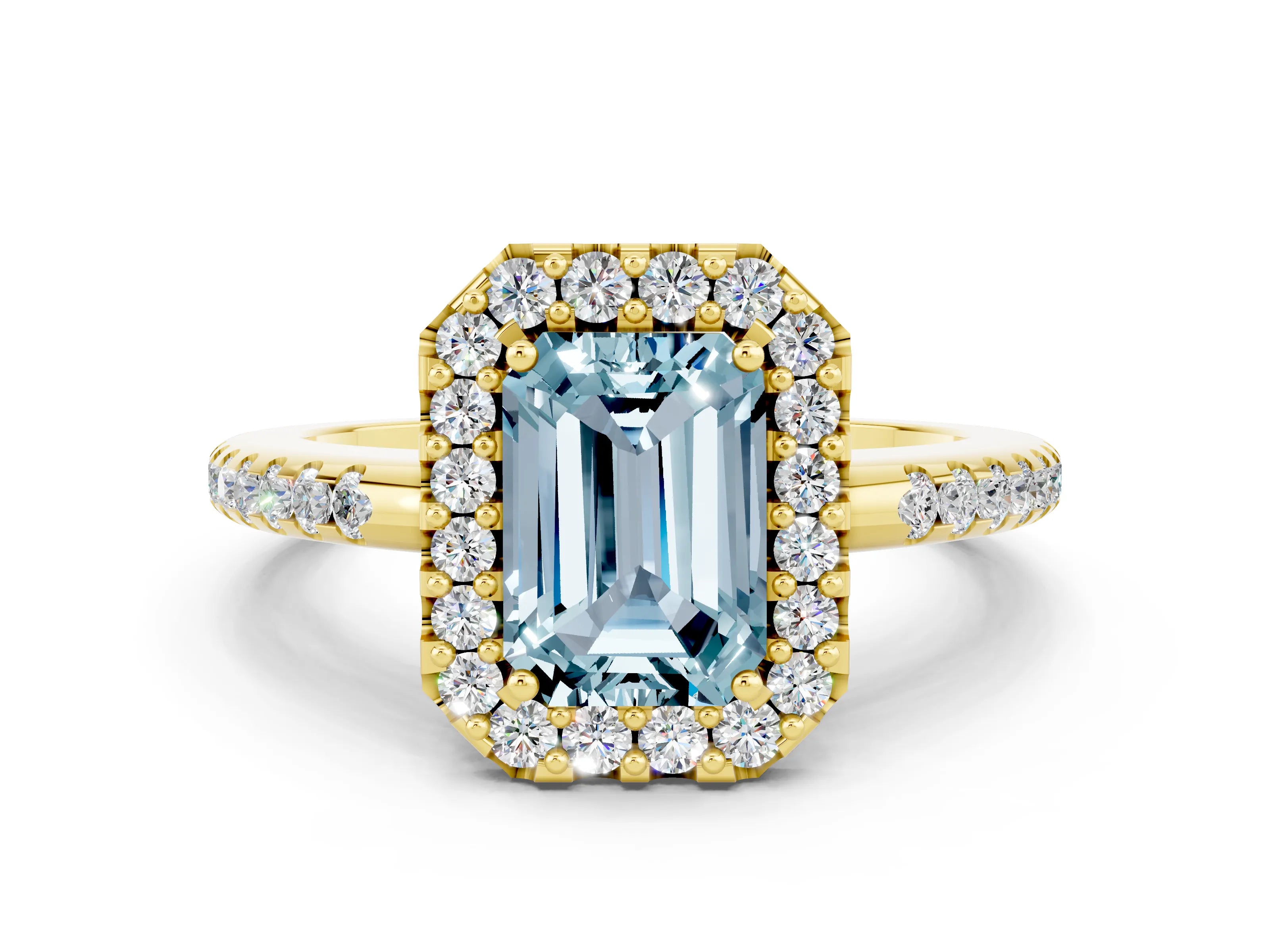 Yellow gold Emerald Cut Aquamarine Pavé Halo Ring with Four-Prong Setting_12