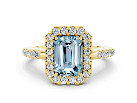 Yellow gold Emerald Cut Aquamarine Pavé Halo Ring with Four-Prong Setting_12