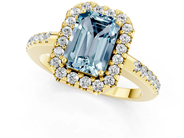 Yellow gold Emerald Cut Aquamarine Pavé Halo Ring with Four-Prong Setting