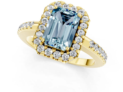 Yellow gold Emerald Cut Aquamarine Pavé Halo Ring with Four-Prong Setting_13
