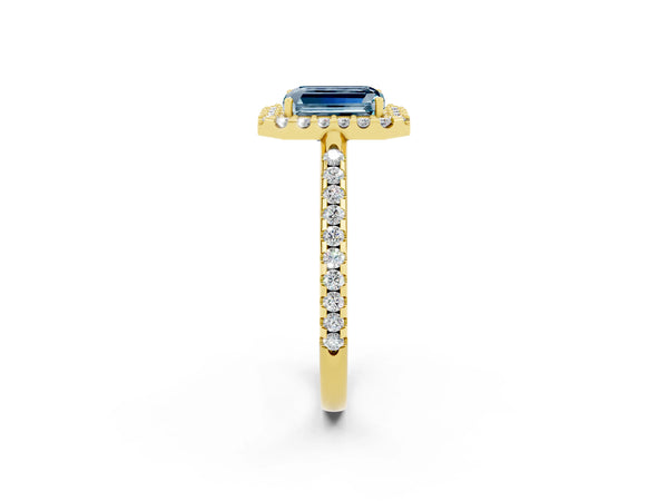 Yellow gold Emerald Cut Aquamarine Pavé Halo Ring with Four-Prong Setting