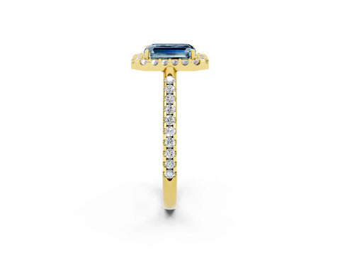 Yellow gold Emerald Cut Aquamarine Pavé Halo Ring with Four-Prong Setting_14