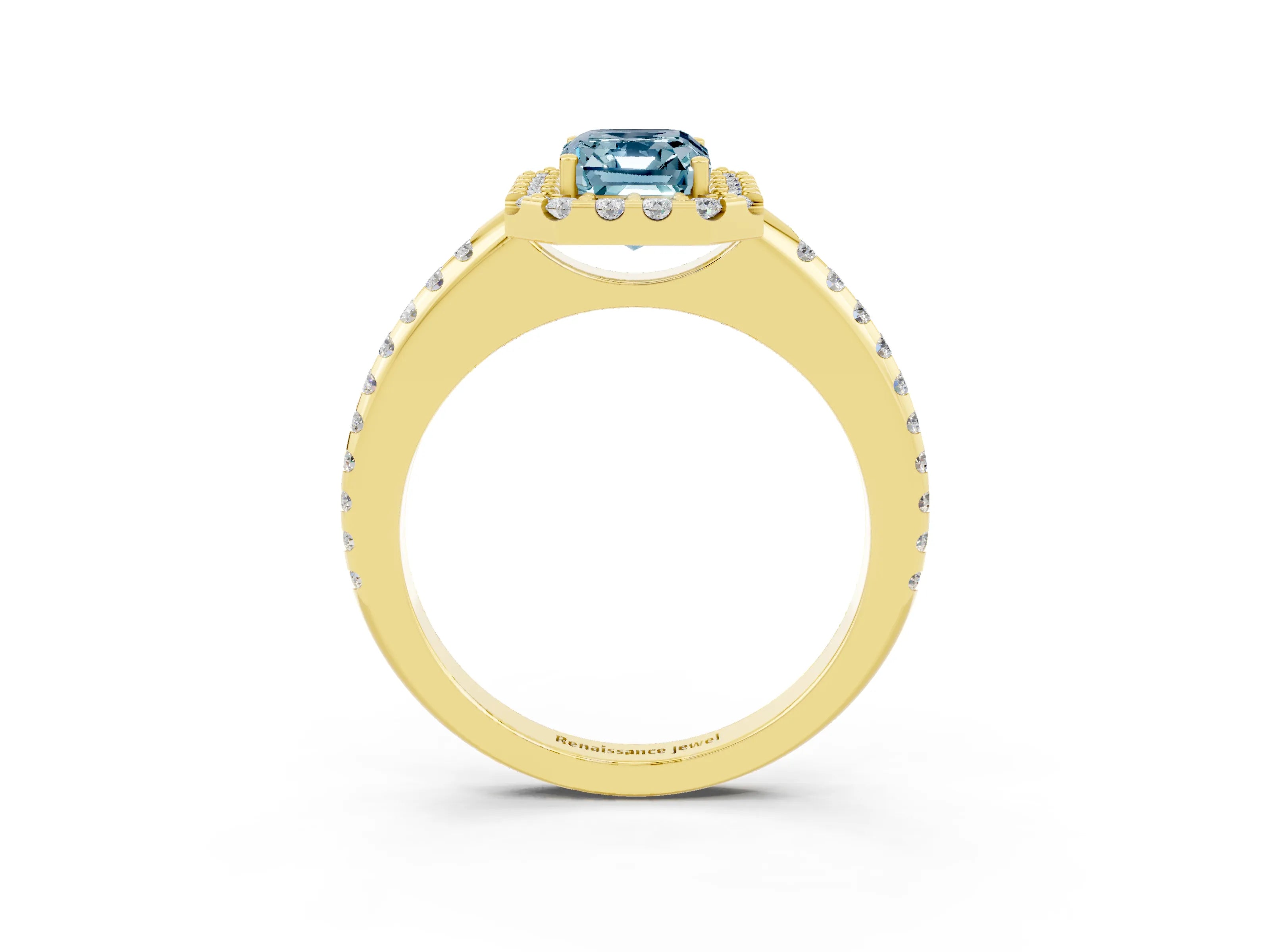 Yellow gold Emerald Cut Aquamarine Pavé Halo Ring with Four-Prong Setting_15