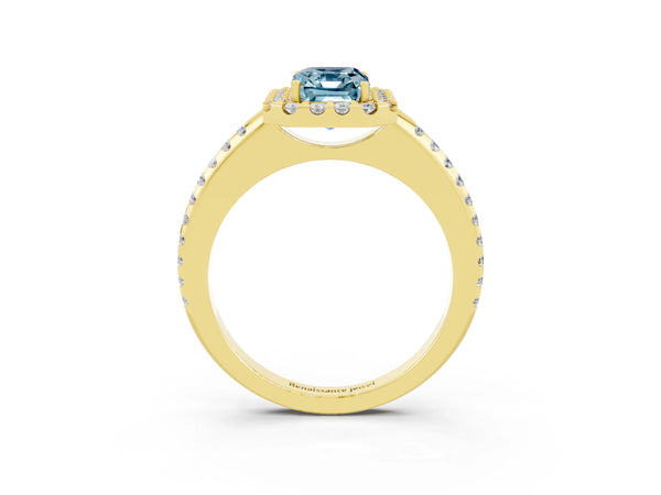 Yellow gold Emerald Cut Aquamarine Pavé Halo Ring with Four-Prong Setting