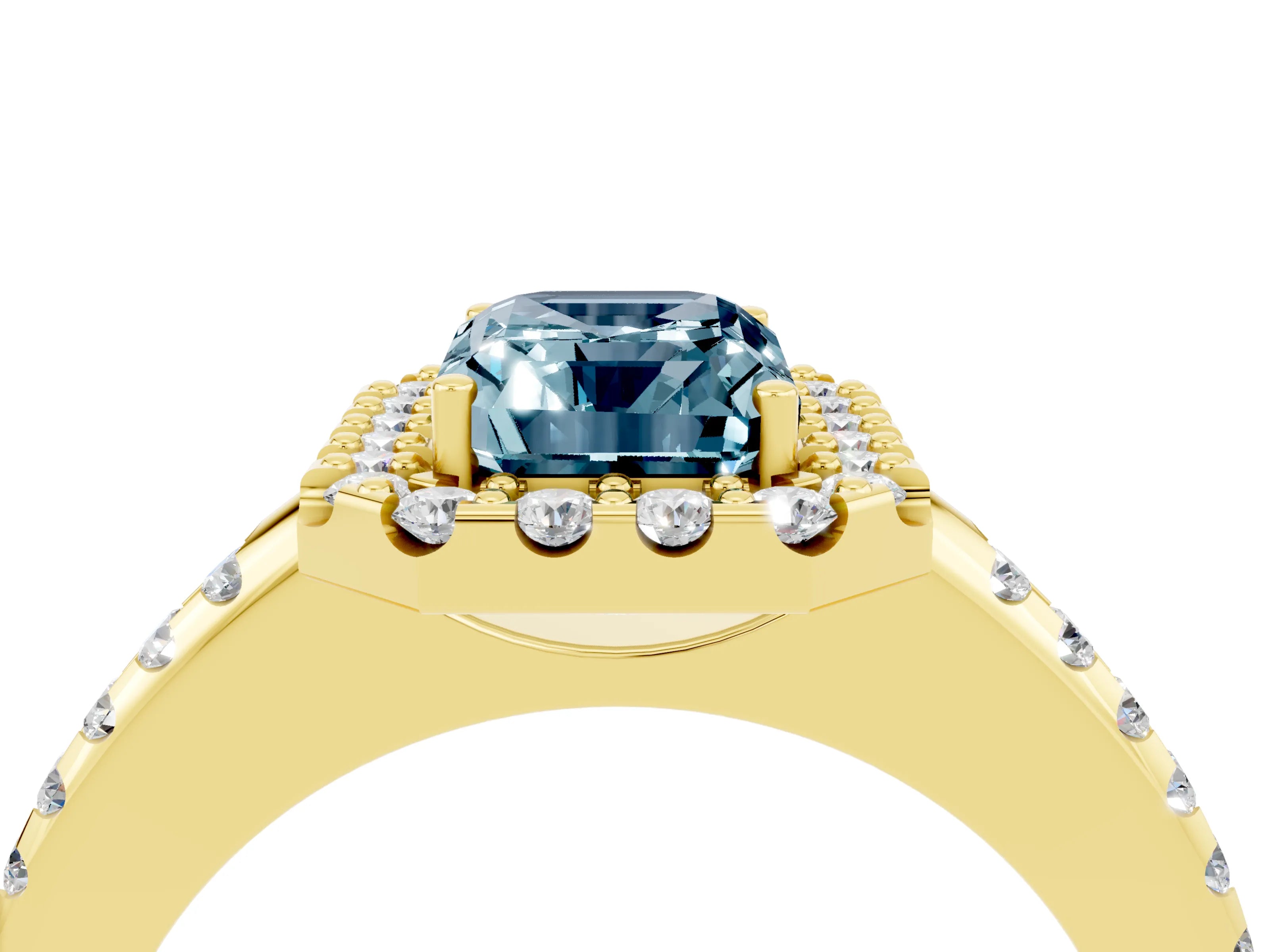 Yellow gold Emerald Cut Aquamarine Pavé Halo Ring with Four-Prong Setting_16