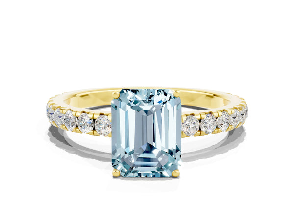 Yellow gold Emerald Cut Aquamarine Pavé Solitaire Engagement Ring with Four-Prong Setting
