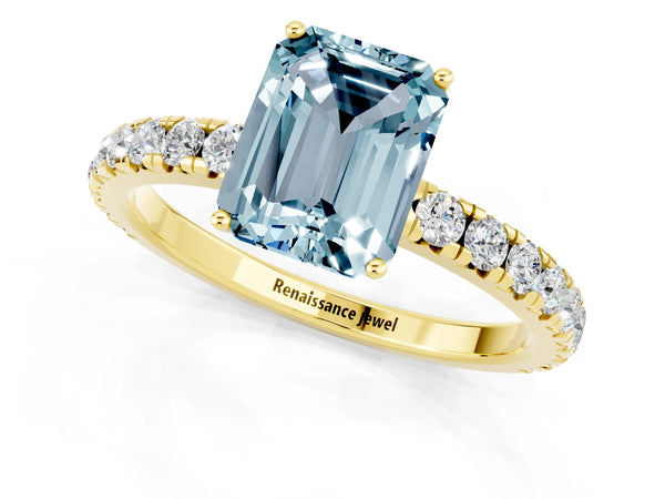 Yellow gold Emerald Cut Aquamarine Pavé Solitaire Engagement Ring with Four-Prong Setting
