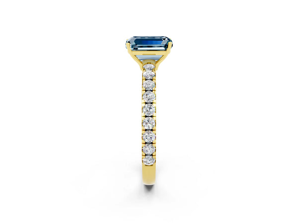 Yellow gold Emerald Cut Aquamarine Pavé Solitaire Engagement Ring with Four-Prong Setting