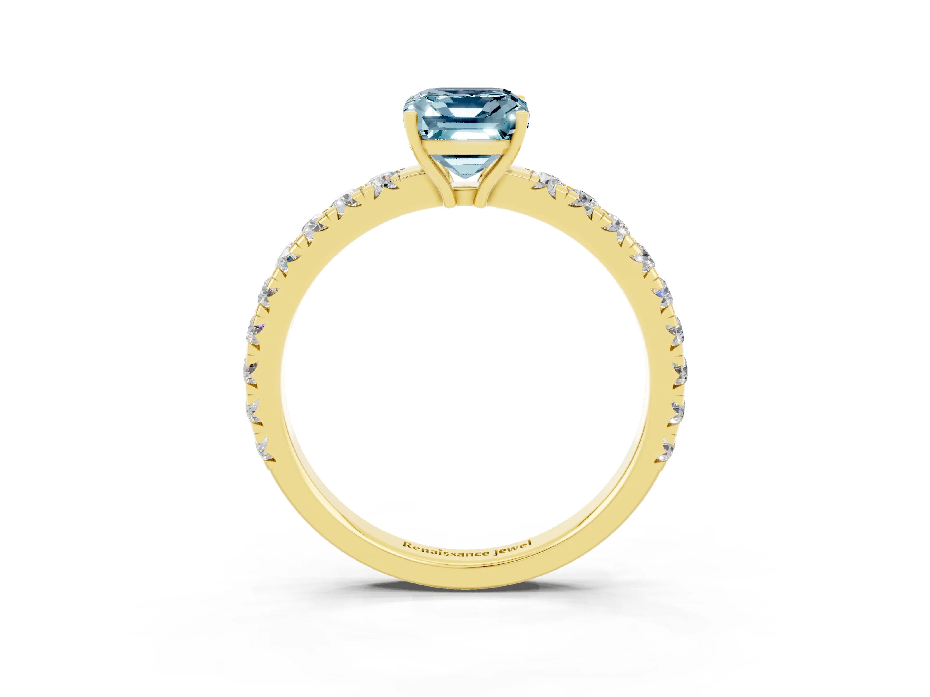 Yellow gold Emerald Cut Aquamarine Pavé Solitaire Engagement Ring with Four-Prong Setting_15