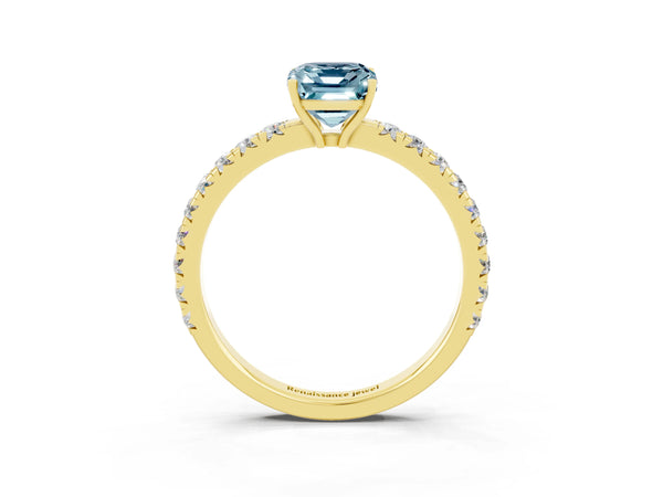 Yellow gold Emerald Cut Aquamarine Pavé Solitaire Engagement Ring with Four-Prong Setting