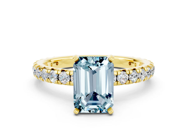 Yellow gold Emerald Cut Aquamarine Pavé Solitaire Ring with Round Band and Prong Setting