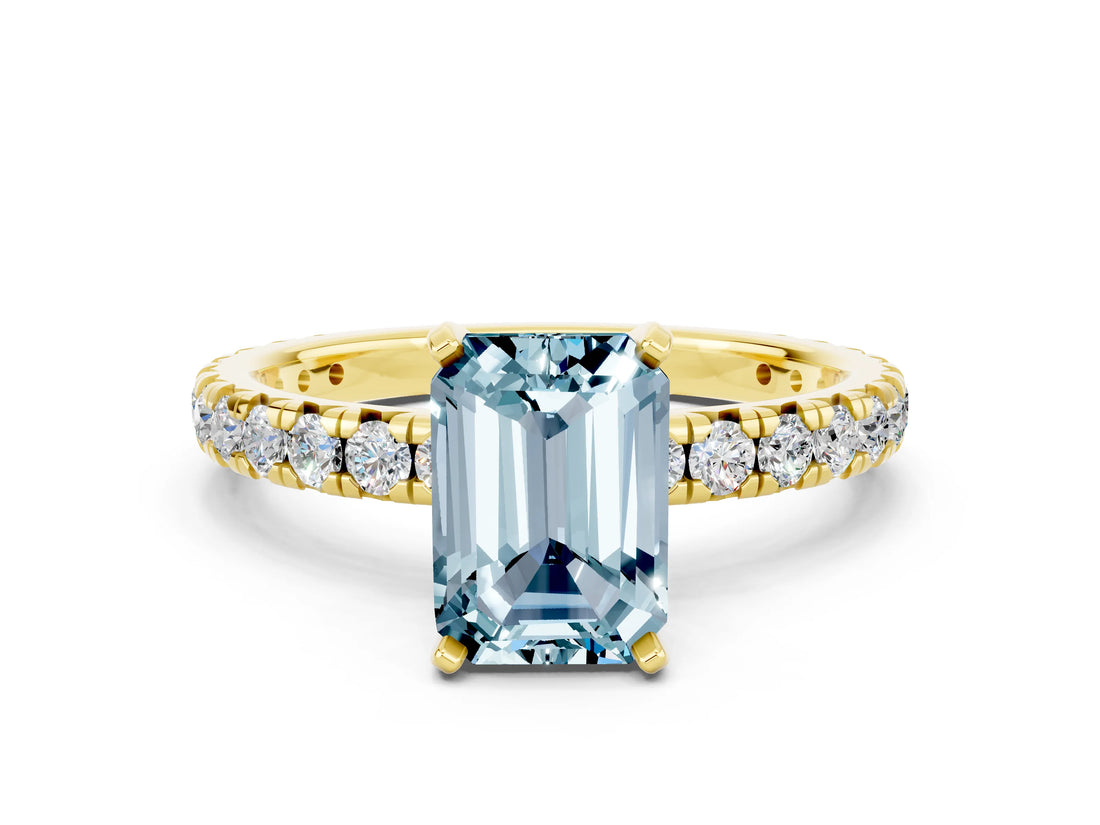 Yellow gold Emerald Cut Aquamarine Pavé Solitaire Ring with Round Band and Prong Setting_24
