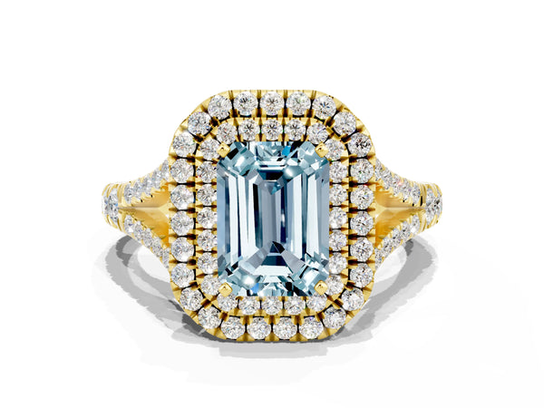 Yellow gold Emerald Cut Aquamarine Pavé Split Shank Double Halo Engagement Ring