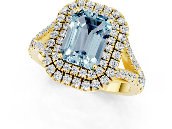 Yellow gold Emerald Cut Aquamarine Pavé Split Shank Double Halo Engagement Ring