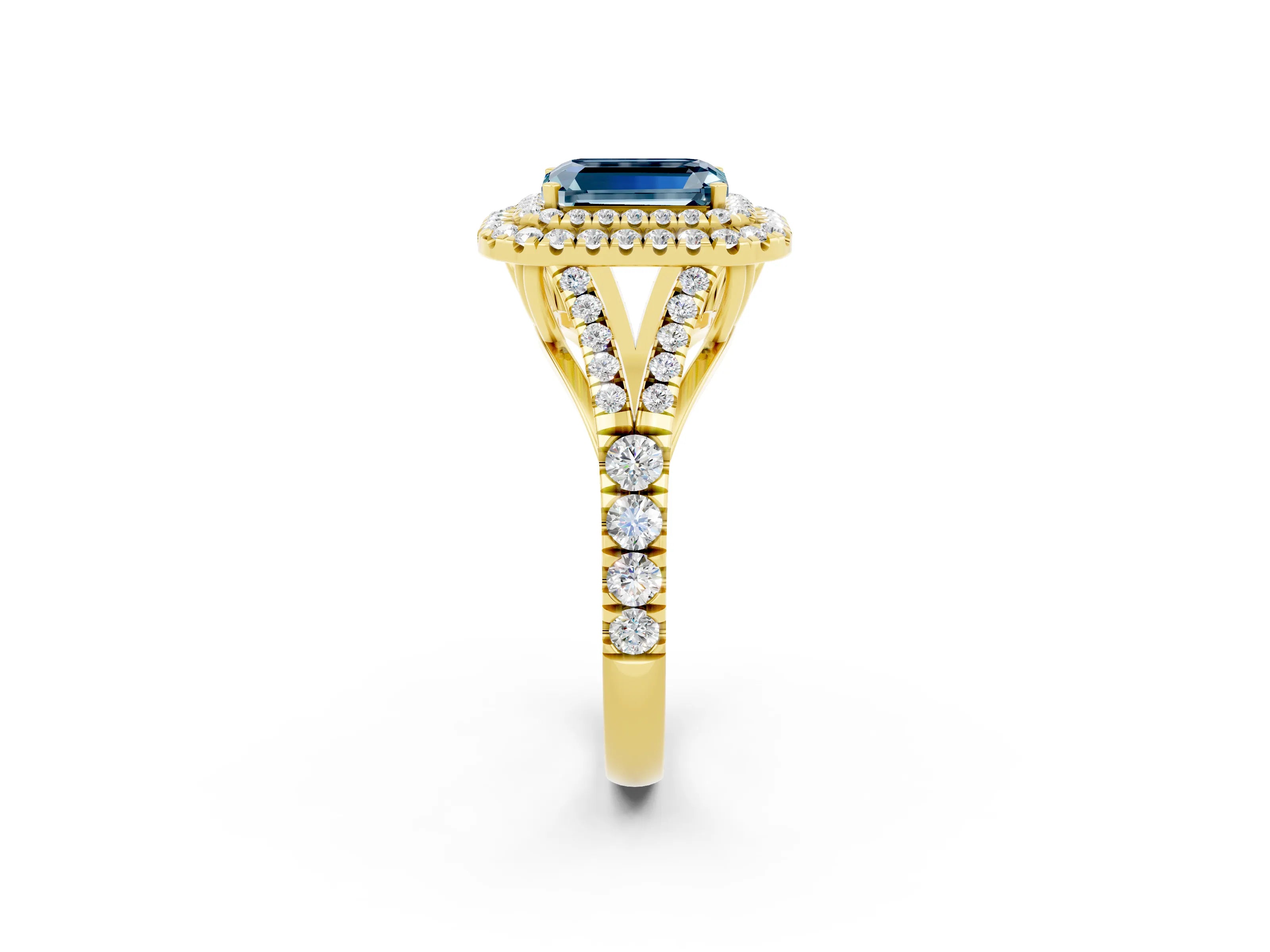 Yellow gold Emerald Cut Aquamarine Pavé Split Shank Double Halo Engagement Ring_2