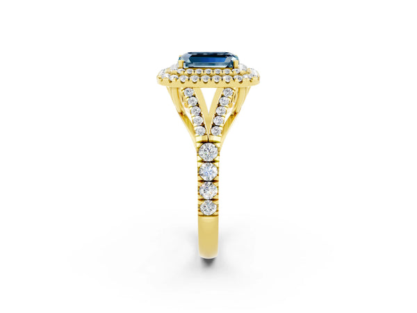 Yellow gold Emerald Cut Aquamarine Pavé Split Shank Double Halo Engagement Ring