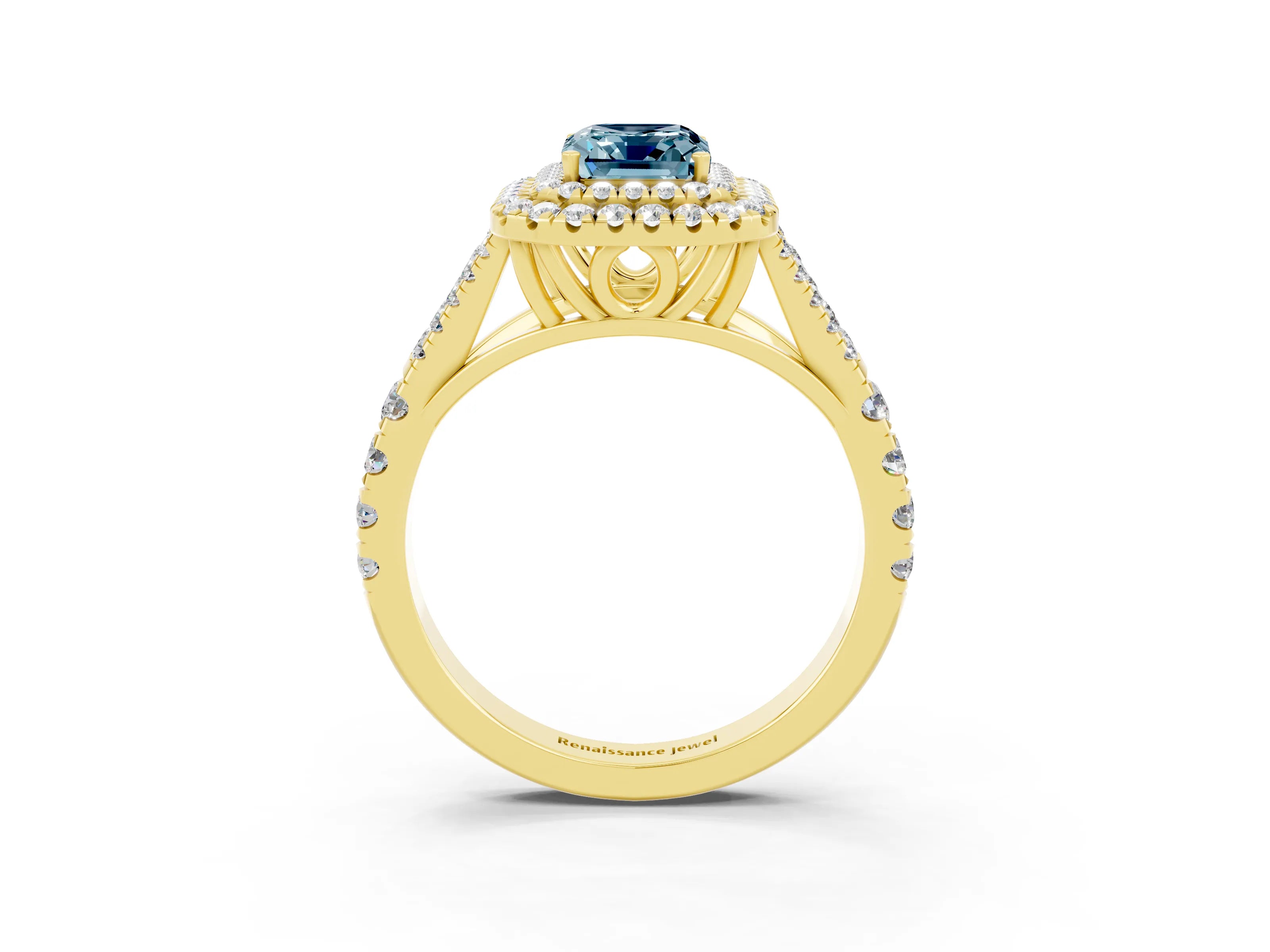 Yellow gold Emerald Cut Aquamarine Pavé Split Shank Double Halo Engagement Ring_3