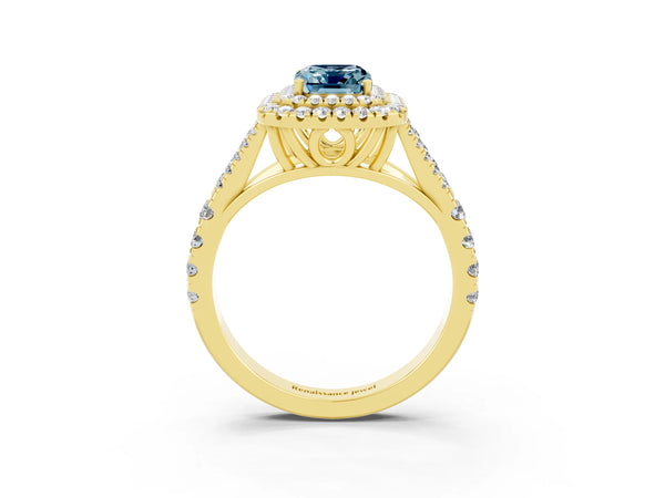 Yellow gold Emerald Cut Aquamarine Pavé Split Shank Double Halo Engagement Ring