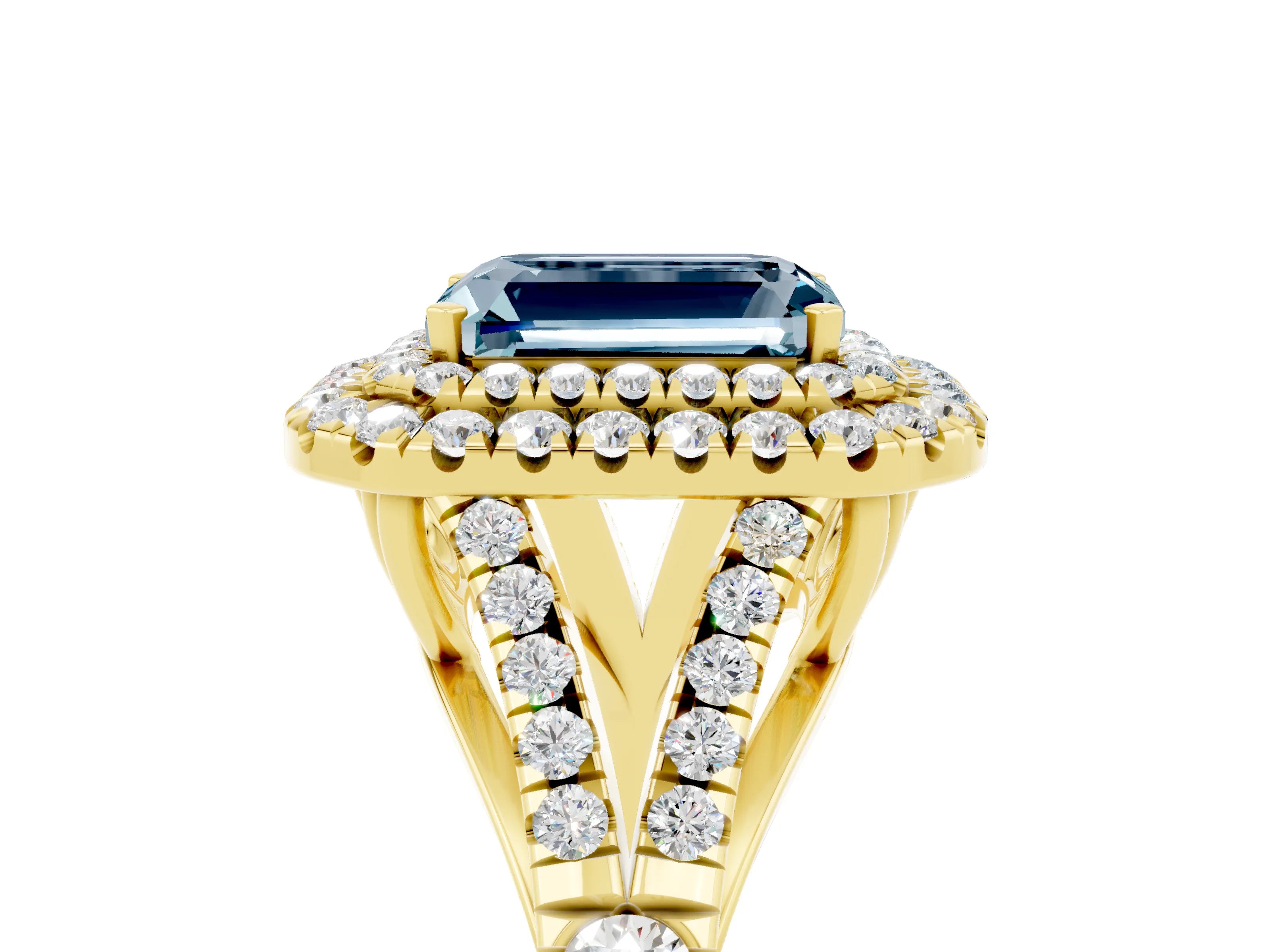 Yellow gold Emerald Cut Aquamarine Pavé Split Shank Double Halo Engagement Ring_5