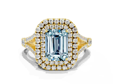 Yellow gold Emerald Cut Aquamarine Pavé Split Shank Double Halo Engagement Ring