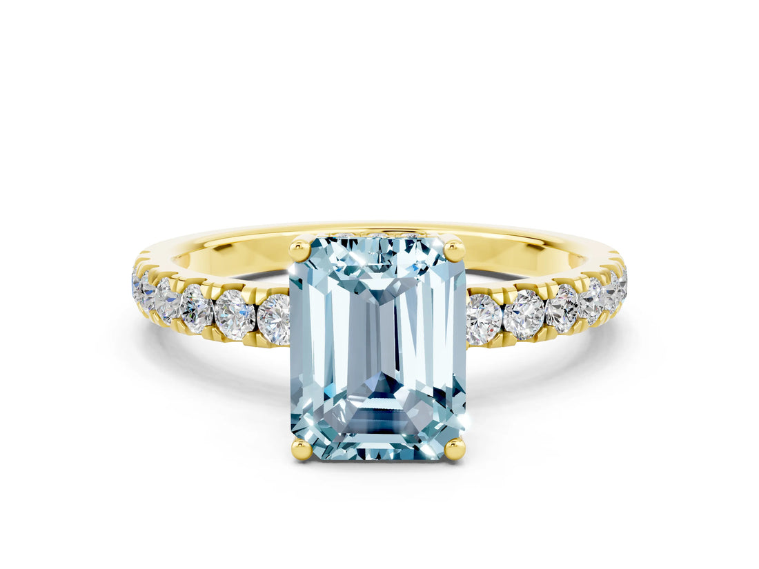 Yellow gold Emerald Cut Aquamarine Pave Band Solitaire Ring with Four-Prong Setting_24