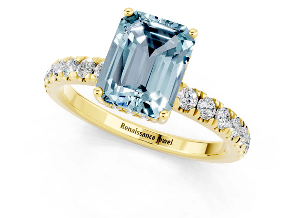 Yellow gold Emerald Cut Aquamarine Pave Band Solitaire Ring with Round  and Prong Setting