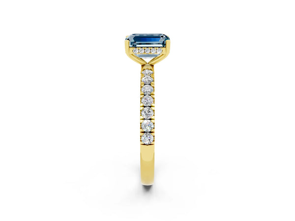 Yellow gold Emerald Cut Aquamarine Pave Band Solitaire Ring with Round  and Prong Setting